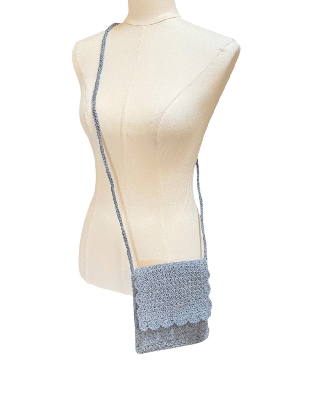 J. Jill Crochet Crossbody Bag Dusty Blue Knit Boho Y2K Scalloped Flap OS